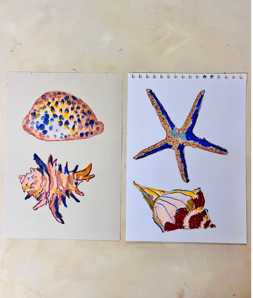Fish and sea shell oil pastel drawing with Holly Brown, 11th November 2025
